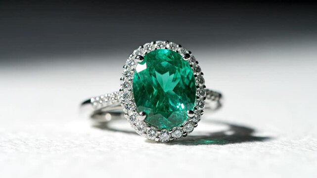 Emerald gemstone engagement ring on white.