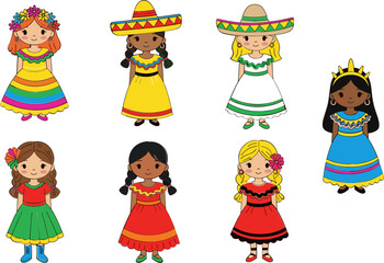 Naklejka premium Colorful Cultural Dress-Up Doll Vector Set with Traditional Dresses, Hats, and Accessories for Kids’ Design