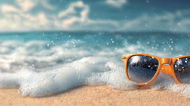 Sunglasses on a sandy beach with turquoise ocean water, bright summer sunlight, tropical holiday vacation background with copy space