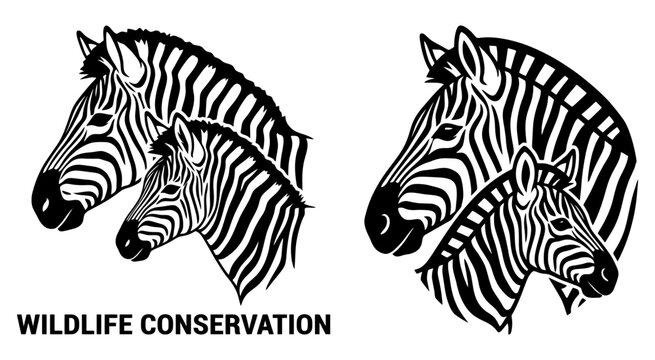 Black and white zebra mother and baby animal head illustration