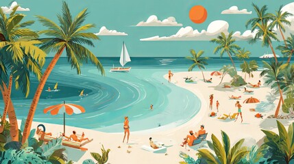 Obraz premium Colorful summer vector background with beach illustrations, sunny bright lighting, tropical graphic style for banner template