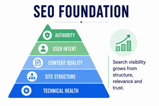 It depicts a graphic outlining the core pillars of SEO, emphasizing authority, user intent, content quality, site structure, and technical health.