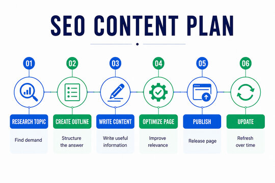 A visual content plan outlining the steps for creating SEO-optimized website pages, including research, outlining, writing, page optimization, publishing, and updating content. It&rsquo;s set against a dark