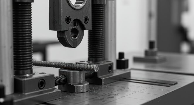 Concrete testing machine compresses steel rebar with close up industrial equipment