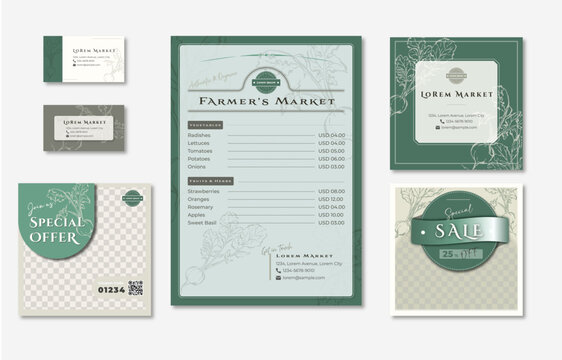 Menu template design set with a hand-dawn illustration of radishes, price list, business card, social media
