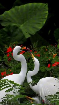 White egrets standing together in a lush green environment with orange flowers