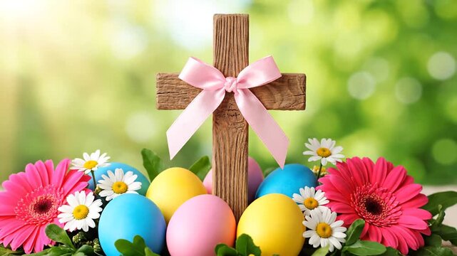 Easter cross with eggs, flowers, spring, and outdoors.