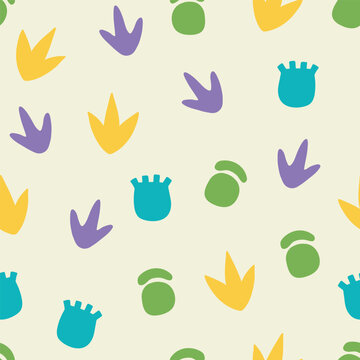 Seamless pattern dinosaur foot trace. Dino footprint  on neutral background. Cute modern vector design for kids fabric, wallpaper, nursery decor, wrapping paper, textile prints and baby products.