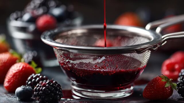 Juice extraction process in a kitchen using a fine mesh strainer for fresh berries during preparation of a dessert