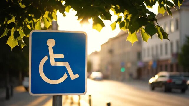 Disabled parking sign with city background.