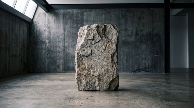 Minimalist industrial interior with a large rough stone monolith centerpiece