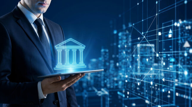 Businessman digital banking finance fintech financial technology bank investment business data network corporate professional holding tablet with glowing bank icon, city skyline background
