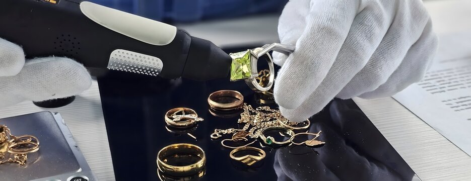 Expert gemologist examines various golden rings and jewelry pieces on a black surface