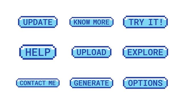 Retro pixel buttons animation set. Update upload options. Contact me. Know more. Explore on website. Animated 8-bit arcade-style CTA overlays. Classic game-inspired UI call-to-action collection