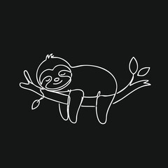 Obraz premium Sleeping Sloth on Tree Branch White Line Art Illustration against a Dark Background