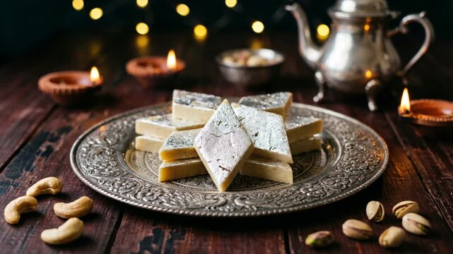 Silver coated almond fudge sweets on an ornate plate with nuts and a teapot for a festive tea