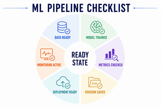 This image illustrates a machine learning pipeline checklist, indicating that the model is in a ready state for deployment and monitoring.