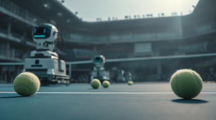 Fototapeta premium Advanced AI powered camera robot tracking tennis ball movement on outdoor court