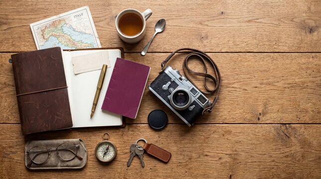 Flat lay travel essentials with vintage camera passport map notebook and compass for trip planner background and itinerary design