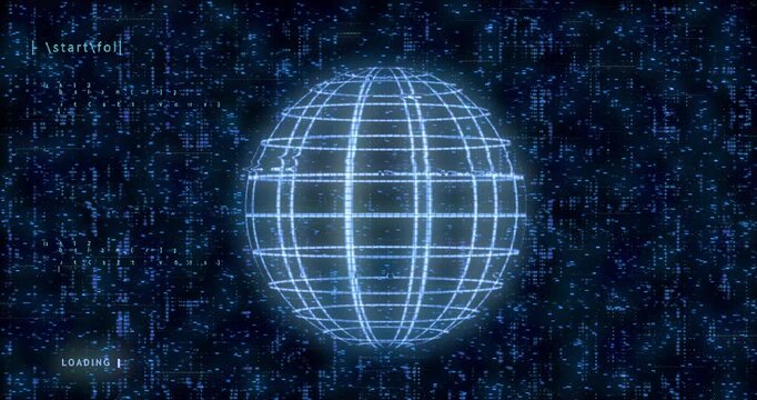 Glowing wireframe globe floats over a futuristic background filled with streaming digital code.