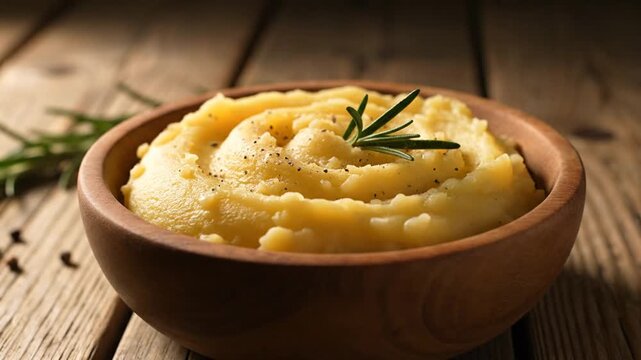 Creamy mashed potatoes in wooden bowl.
