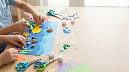 Children Making Paper Ocean Wave Craft for Umi no Hi Marine Day Education Photo with Classroom Copy Space