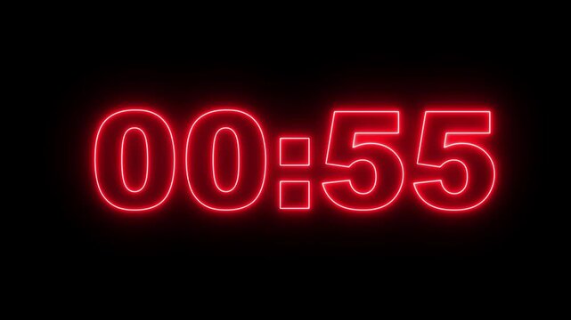 Red neon digital timer displaying 00 57 on black background. Digital timer countdown clock. Professional digital timer for digital time limit tracking and urgent promotional countdown art.