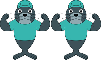 Cute seal mascot flexing muscles cartoon animal vector illustration design © Kaiyum