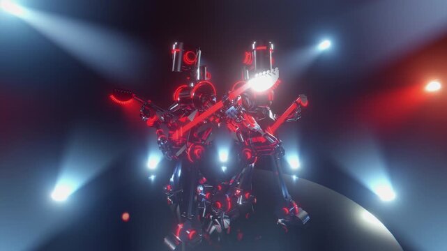 Seamless loop 3D animation of Futuristic robot musicians playing glowing electric guitar on stage with spotlights. For VJ sets, high-tech club visuals,  electronic music festivals, stage screens and f