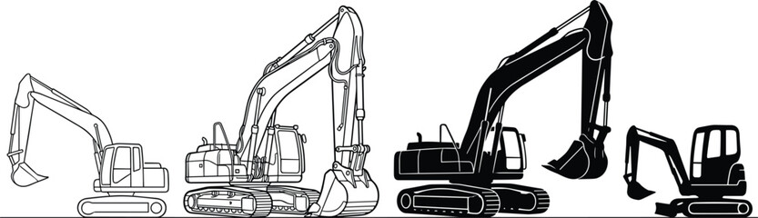 Heavy excavator construction vehicle vector icon set featuring black silhouettes and detailed line art outlines of digging machinery for industrial building and earthmoving designs © MDSaiful