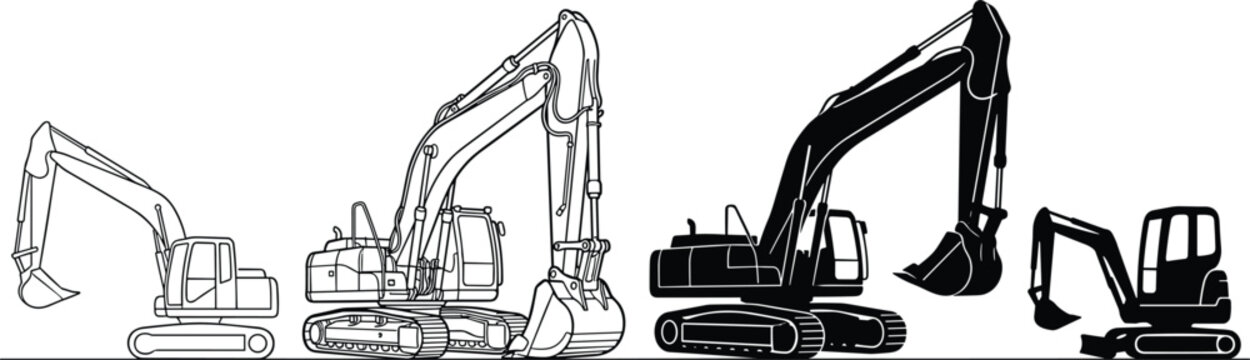 Heavy excavator construction vehicle vector icon set featuring black silhouettes and detailed line art outlines of digging machinery for industrial building and earthmoving designs