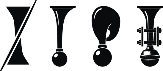 Vintage vehicle squeeze bulb horn vector icon set featuring flat black silhouette symbols for retro automotive alarms classic bicycles trumpet klaxons and antique traffic warning signs © MDSaiful