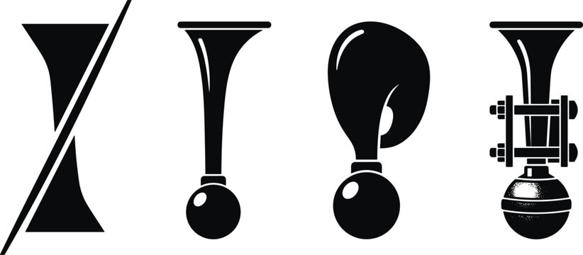 Vintage vehicle squeeze bulb horn vector icon set featuring flat black silhouette symbols for retro automotive alarms classic bicycles trumpet klaxons and antique traffic warning signs