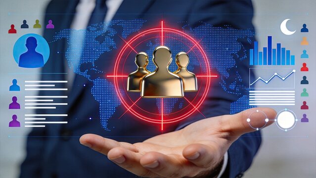 Businessman hand holding digital hologram of target audience icons with data charts and world map background.