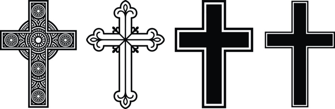 Christian cross vector icon set featuring celtic ornate crucifix line art and black silhouette symbols for religious church faith holy easter and spiritual graphic designs
