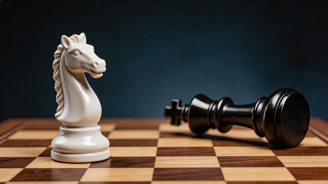 White knight chess piece standing over defeated black king on wooden board, strategy and leadership victory concept in competitive business or game scenario