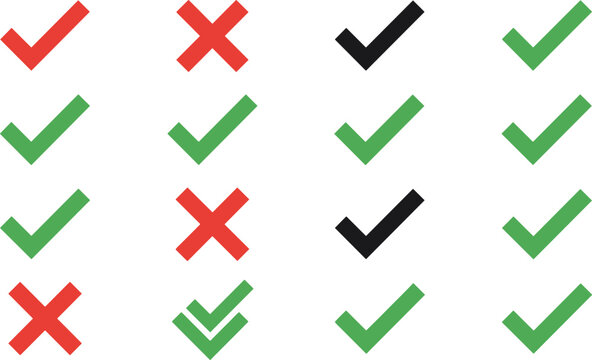 Check mark and cross symbol vector icon set featuring flat green red and black signs for right wrong validation choice voting and digital user interface designs