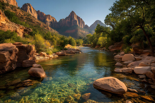 Serene River Flowing Through Majestic Mountain Landscape at Sunset