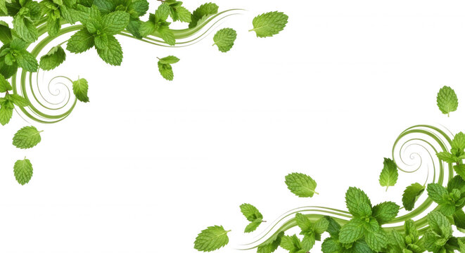 Fresh green mint leaves arranged in decorative swirl patterns on a solid black background, corner border frame