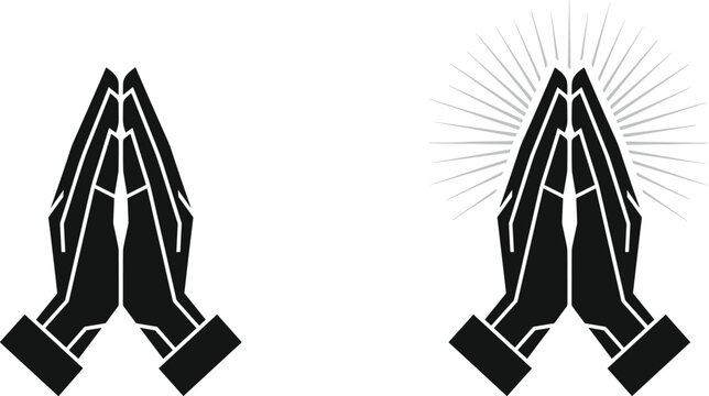 Praying hands vector icon set featuring flat black geometric silhouette symbols with divine glowing light rays for church faith religion and spiritual hope designs