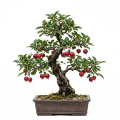 Naklejka premium Miniature Bonsai Tree with Small Red Fruits in a Ceramic Pot Isolated on White Background