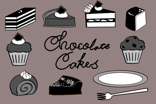 チョコレートスイーツのモノクロのシンプルイラストセット / Simple Illustration Set of Chocolate Sweets Cake