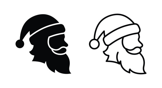 Santa claus head profile silhouette with hat and beard black and white