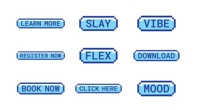 Social media retro pixel buttons animation set. Website register now. Download click here. Slay vibe. Animated 8-bit arcade-style CTA overlays. Classic game-inspired UI call-to-action collection