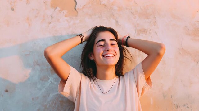 A person during a relaxed time of day, grinning and holding their head in a neutral position