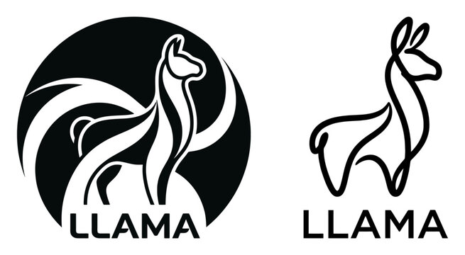 Minimalist llama animal logo design set with circular emblem and line art style