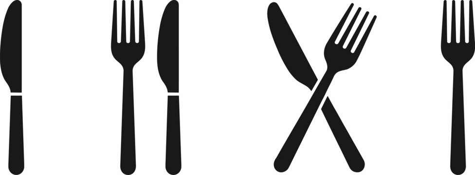 Restaurant cutlery fork and knife vector icon set featuring flat black silhouette silverware symbols for dinner etiquette cafe menu and food catering logo designs