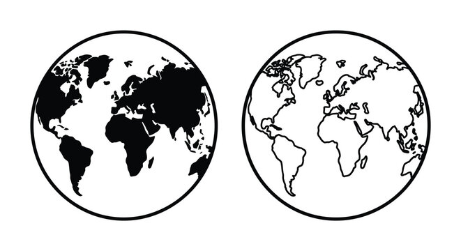 Two world globe silhouettes with continental outlines black and white silhouette