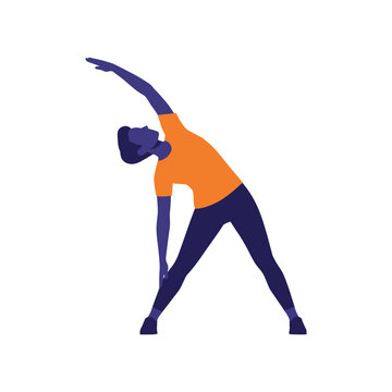 Person in orange shirt performing a standing side stretch yoga pose
