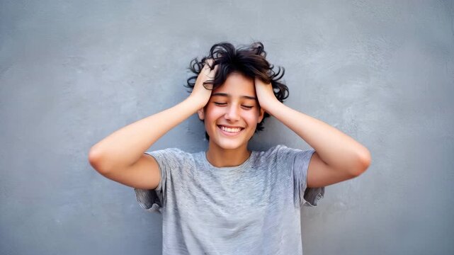 A person during a relaxed time of day, grinning and holding their head in a neutral position